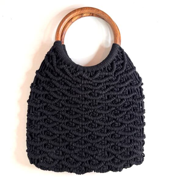 SIGRID OLSEN Macrame Bag Wood Ring Handle Black Summer Beach Boho Casual - Picture 3 of 9